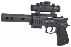 Пистолет пневматический Beretta M92 FS (глушитель, коллиматор, чёрный с чёрными пластиковыми накладками)